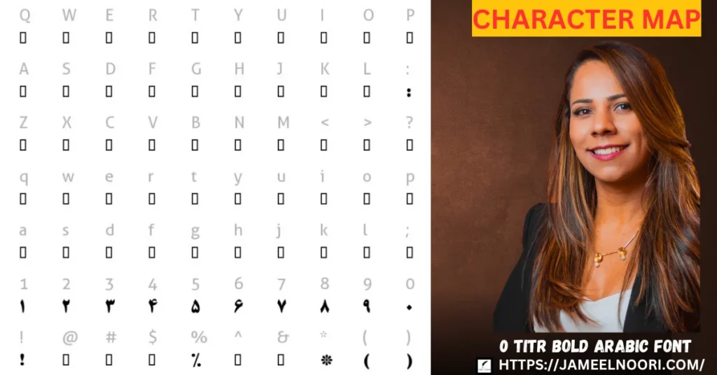 Arabic character map preview showing strokes and glyphs of 0 Titr Bold Arabic Font