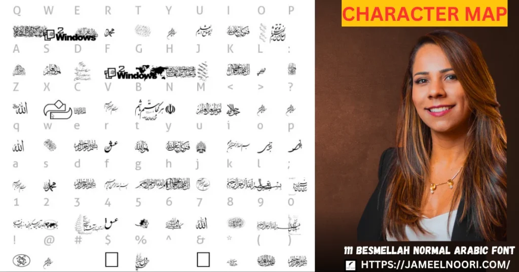 111 Besmellah Normal Arabic Font character map showing complete glyphs and calligraphy shapes