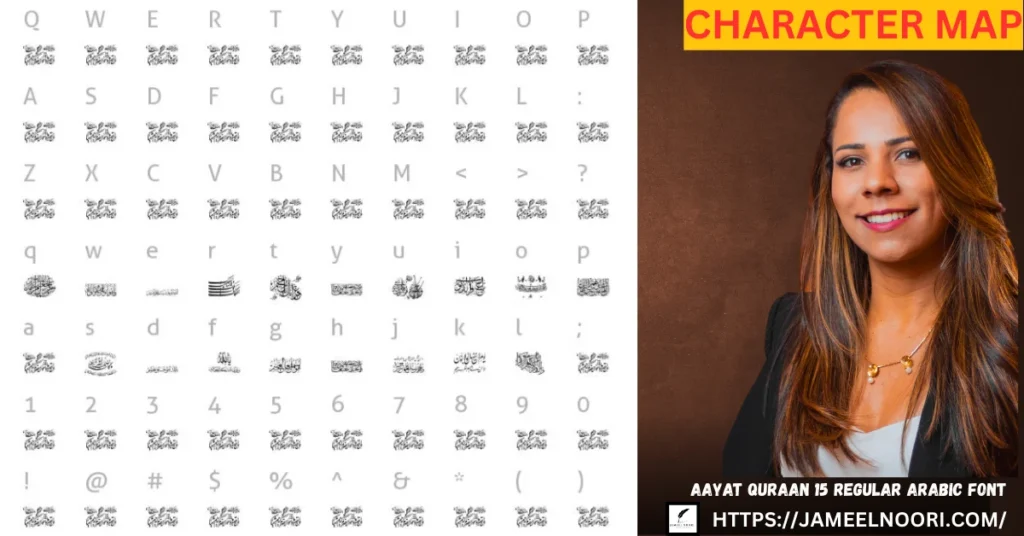 Aayat Quraan 15 Regular Arabic Font character map and detailed Arabic calligraphy sample.