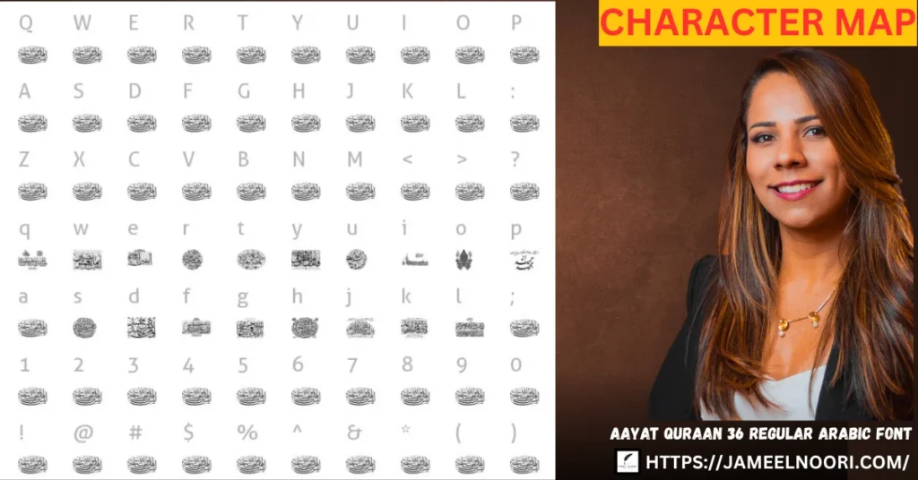 Aayat Quraan 36 Regular Arabic Font detailed character map