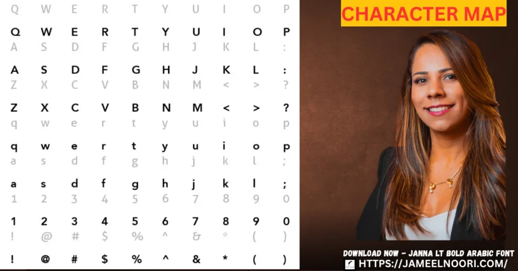 Download Now - Janna LT Bold Arabic Font character map showing all supported Arabic, Urdu, and Persian glyphs