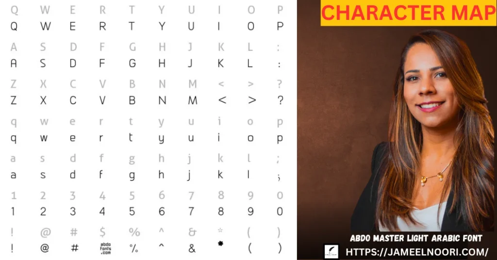 Abdo Master Light character map showing uppercase, lowercase, and decorative glyphs