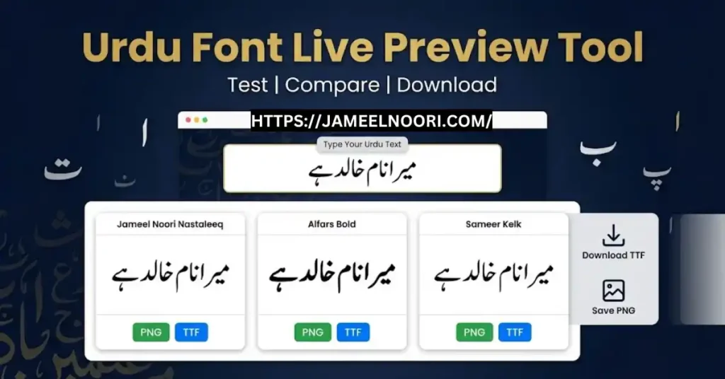 Urdu Font Live Preview Tool – Input box with Urdu text, 3 font previews with Jameel Noori Nastaleeq, Alfars Bold, Sameer Kelk, and PNG/TTF download buttons
