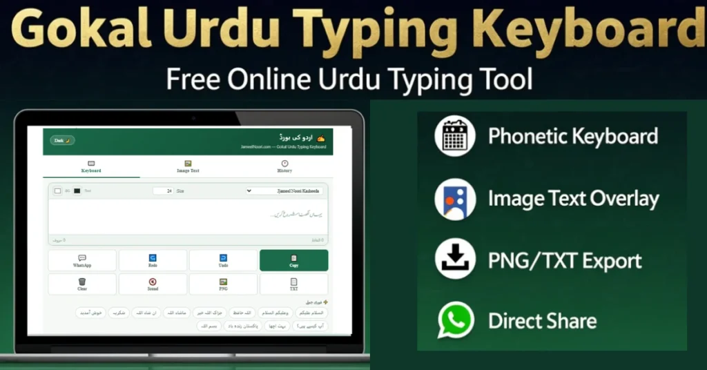 Gokal Urdu Typing Keyboard – Free online Urdu typing tool with phonetic keyboard mapping and image text overlay by Jameel Noori